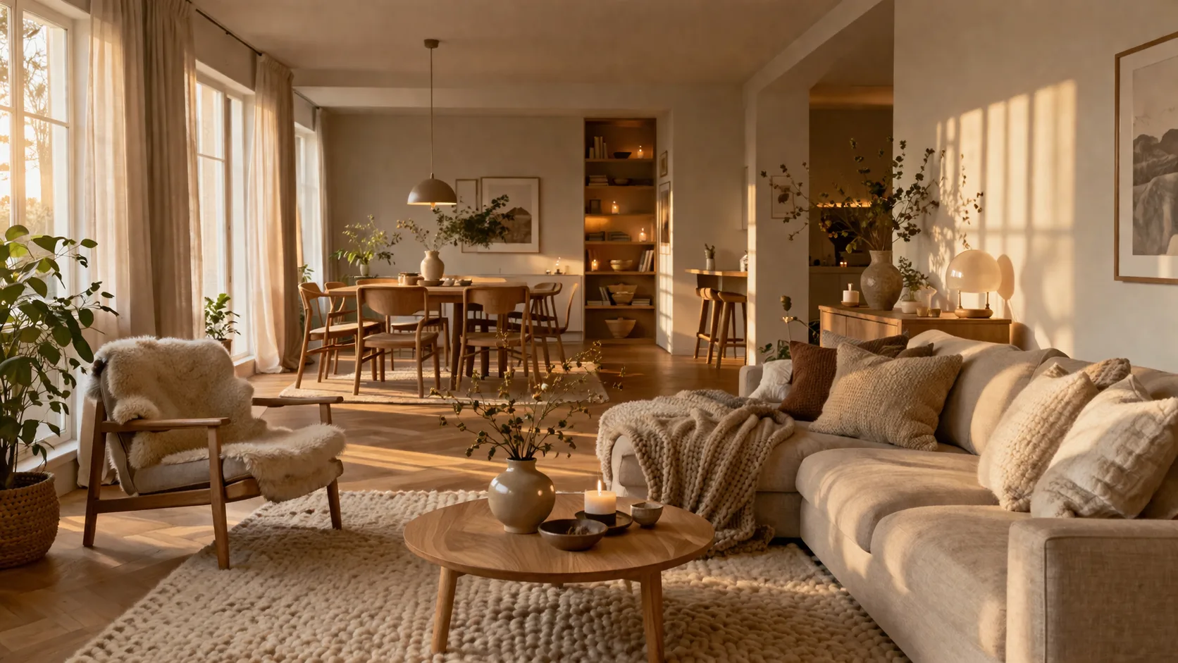 Warmes skandinavisches Wohnzimmer mit natürlichem Licht